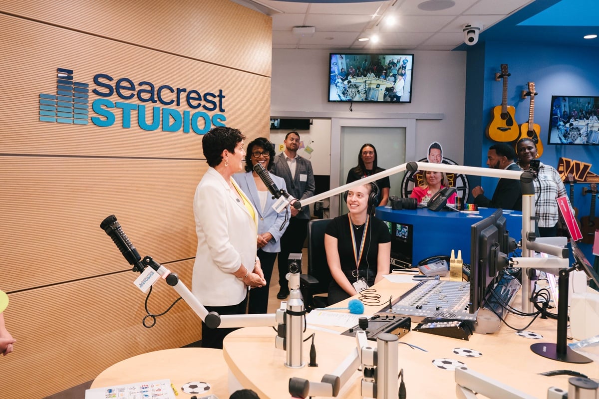 Washington Spirit CEO Kim Stone joined Children's National President and CEO Michelle Riley-Brown, MHA, FACHE, in a visit to Seacrest Studios at Children's National Hospital.