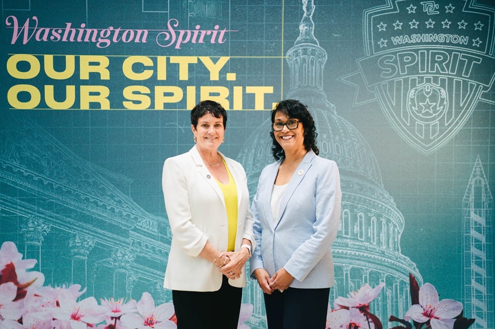 Washington Spirit CEO Kim Stone and Children's National President and CEO Michelle Riley-Brown, MHA, FACHE, at Children's National Hospital during a visit by Spirit leaders and players.