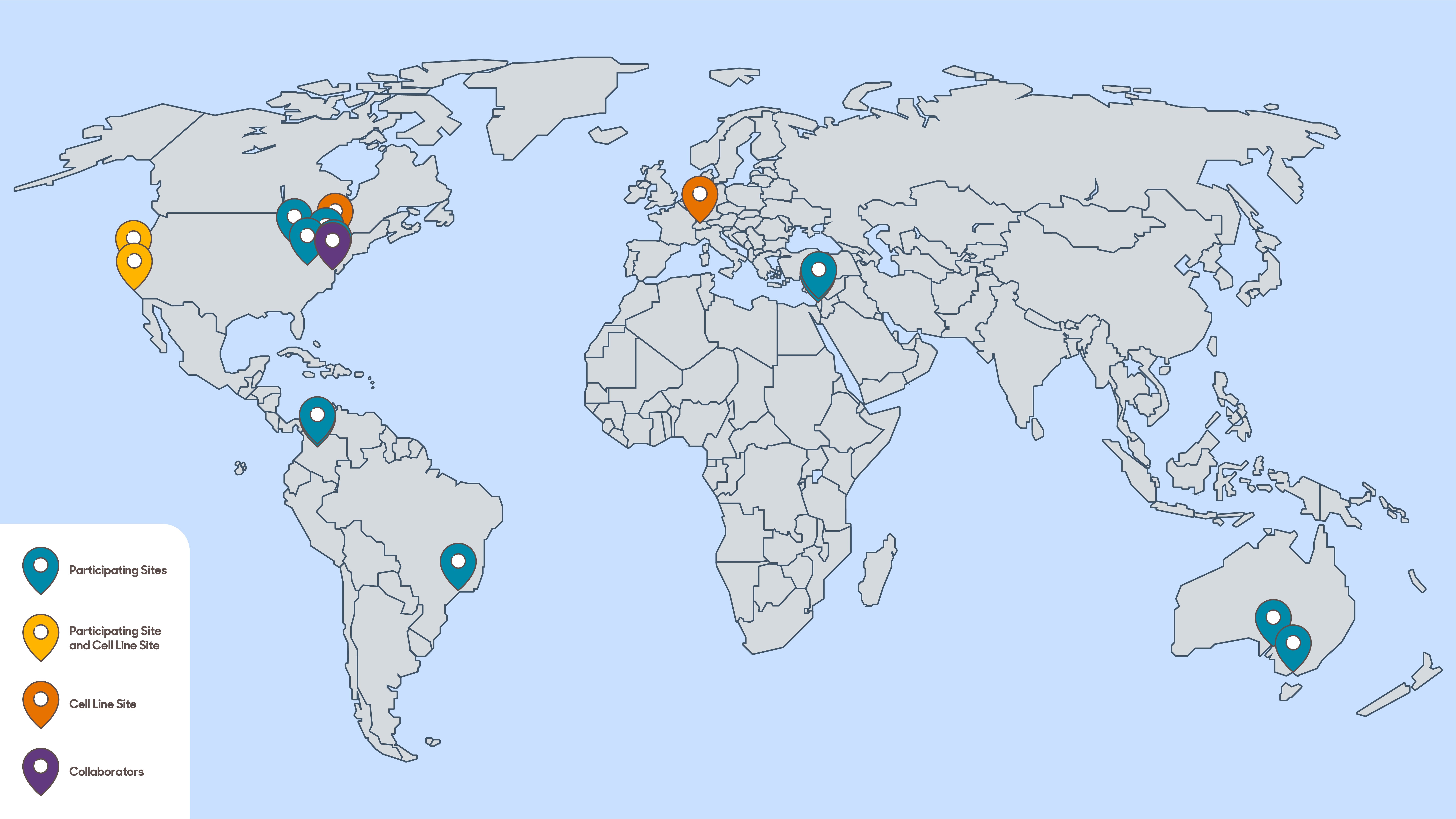 World map showing participating sites in the International Rare Brain Tumor Registry