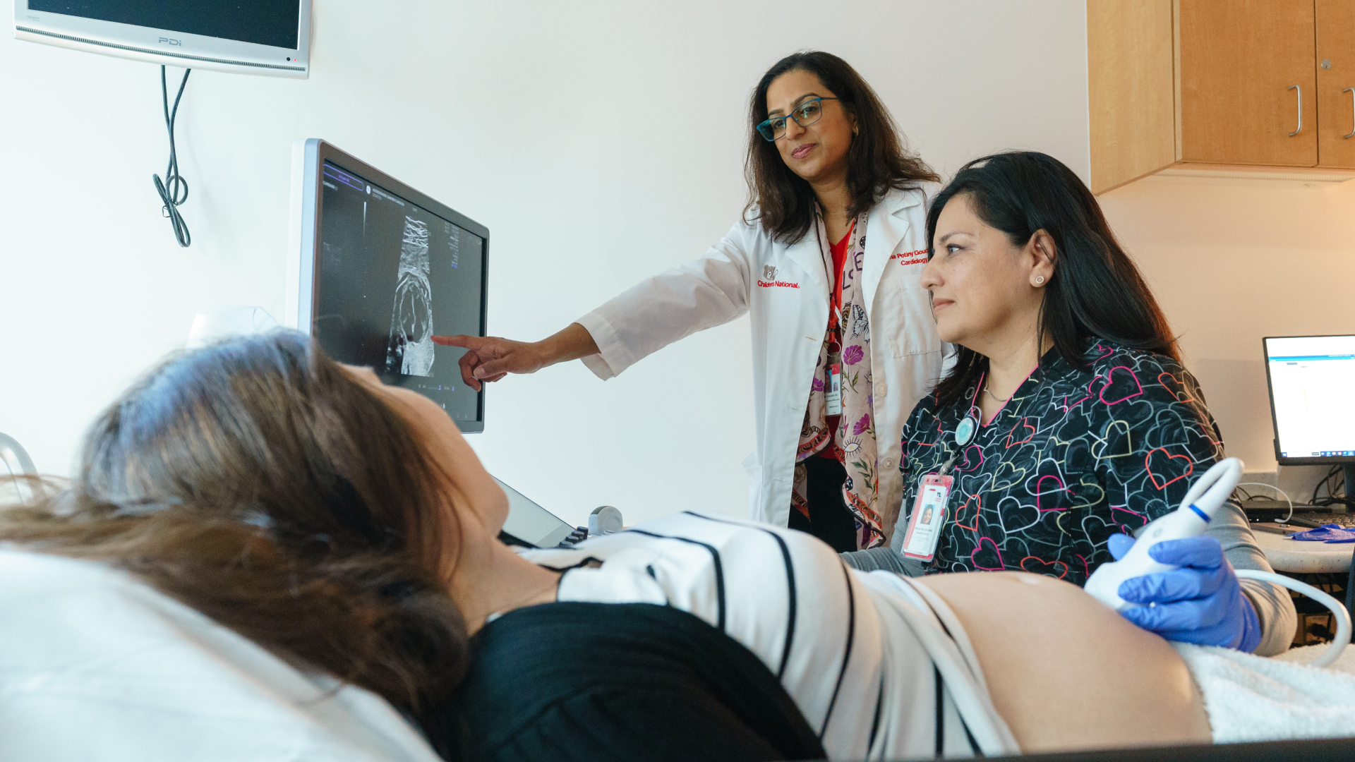 A provider explains a prenatal image scan to a patient