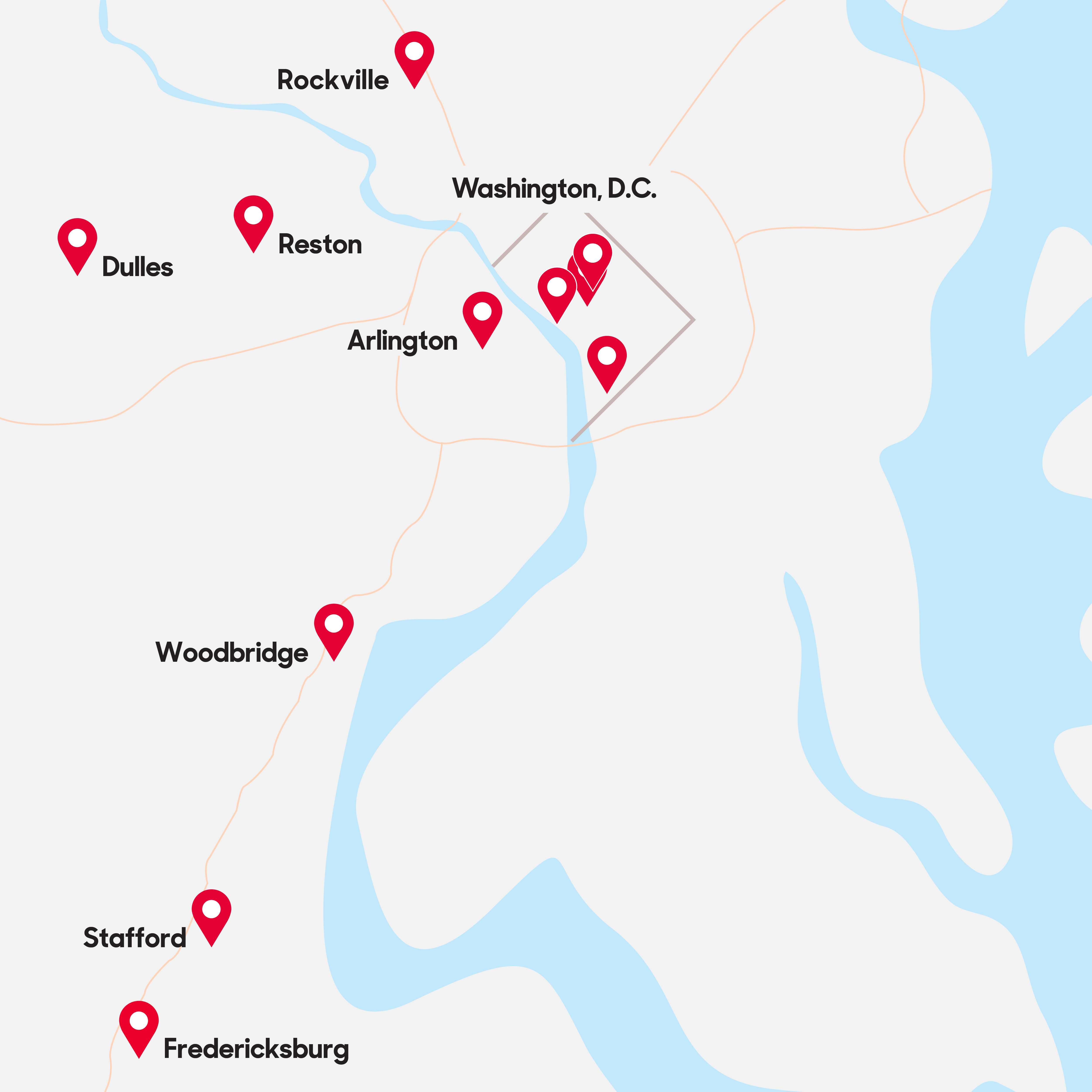 Map showing Children's National regional NICU locations in Washington, D.C., Arlington, Reston, Dulles, Rockville, Woodbridge, Stafford, and Fredericksburg.