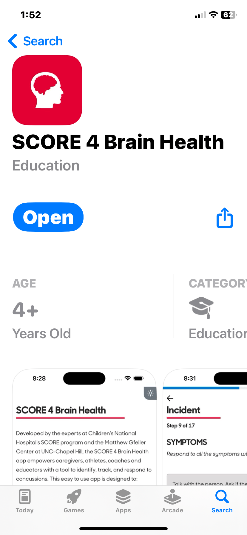 SCORE 4 Brain Health app download view in the App Store