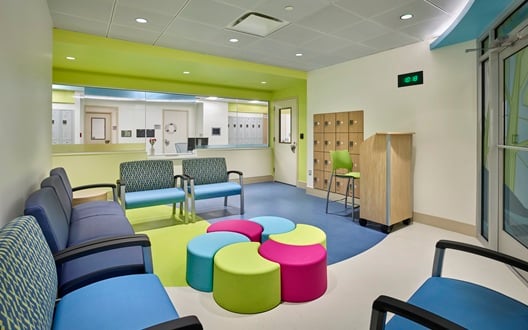 A colorful, comfortable waiting room welcomes families to our inpatient psychiatry unit at Children's National