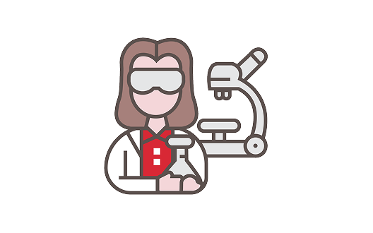 Icon of researcher with beaker and microscope.