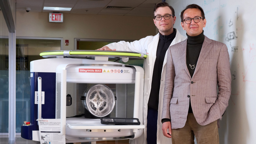 Drs. Linguraru and Donoho with the Hyperfine Swoop at the Sheikh Zayed Institute for Pediatric Surgical Innovation.